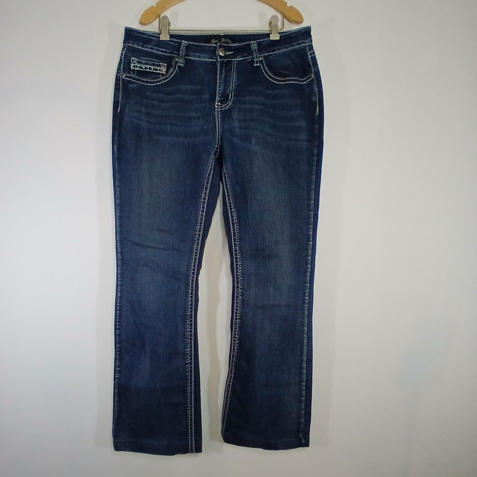 Love Indigo Y2k Bootcut Jeans Size 12 Embroidered Cross Pocket Dark Wash Denim